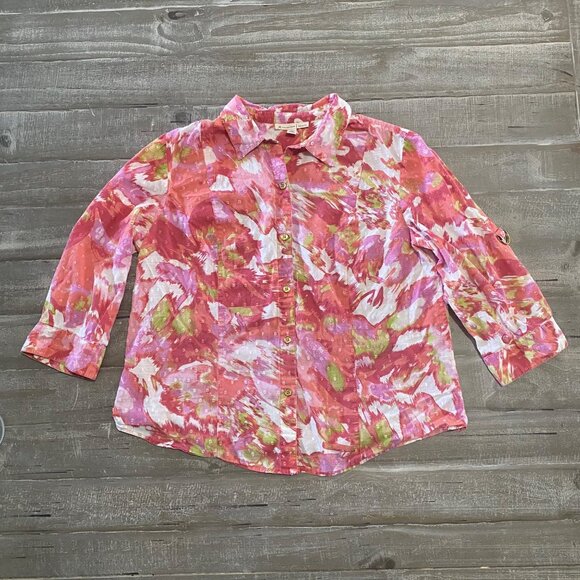 JM Collection Blouse 14P Button-Down Abstract Pink White Green Petite 3/4 Sleeve - Picture 6 of 9